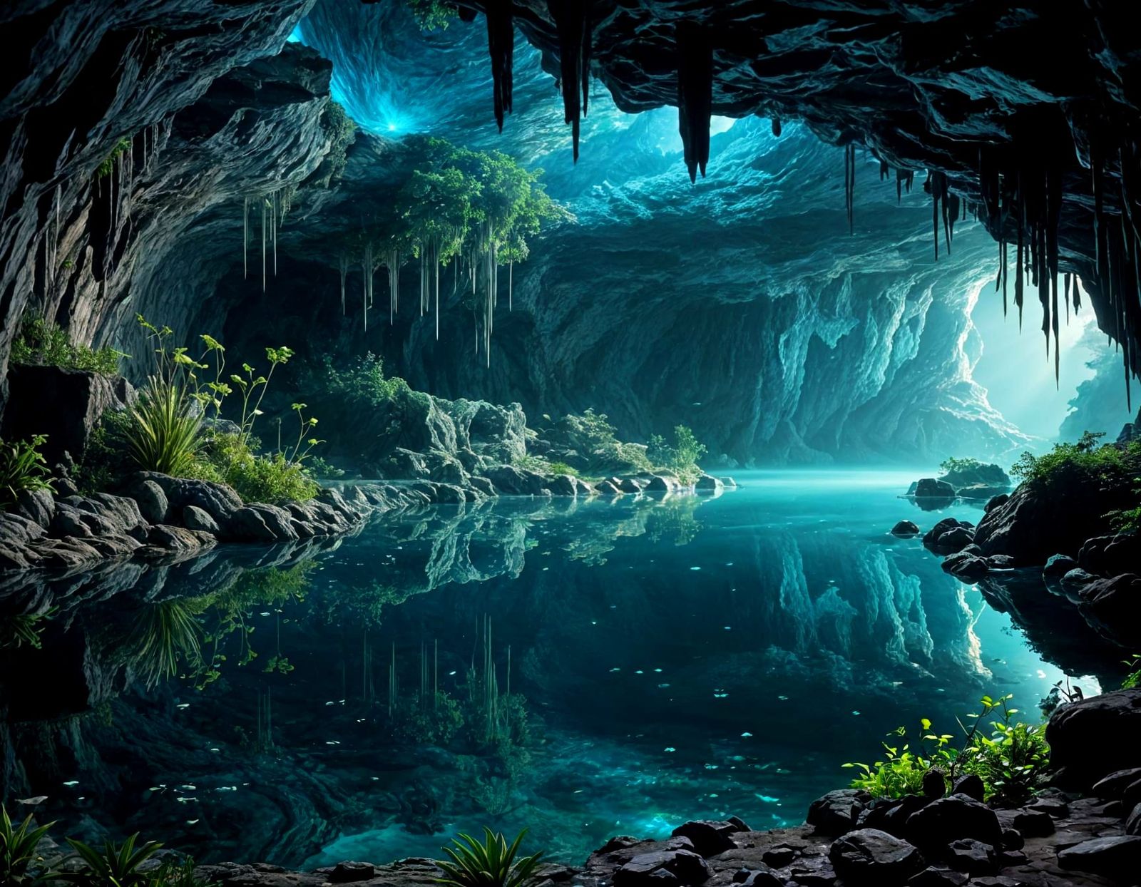 Glowing Crystal Lake in an Underground Cave Scene