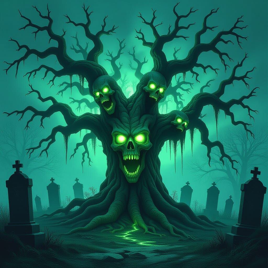 Undead Tree with Screaming Faces in a Graveyard