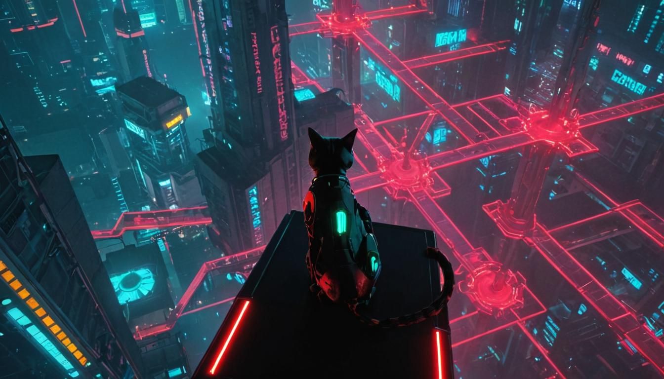 Robotic Cat in Neon Cyber City