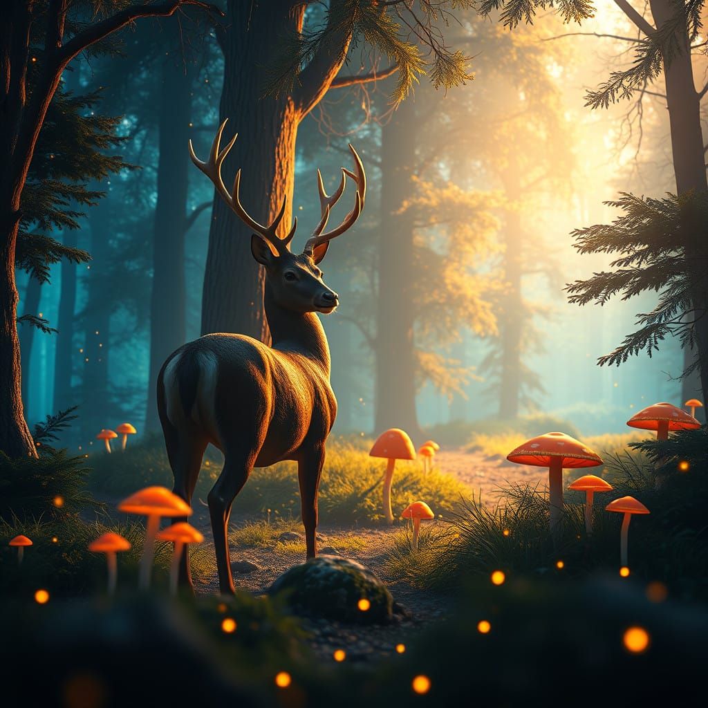 Majestic Deer in Vibrant, Iridescent Forest