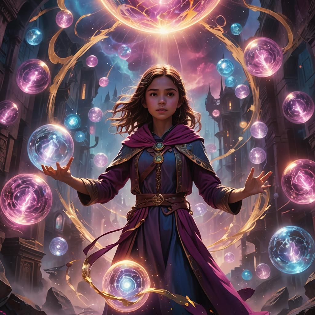 Heroic Girl with Magical Orbs in Chaotic World