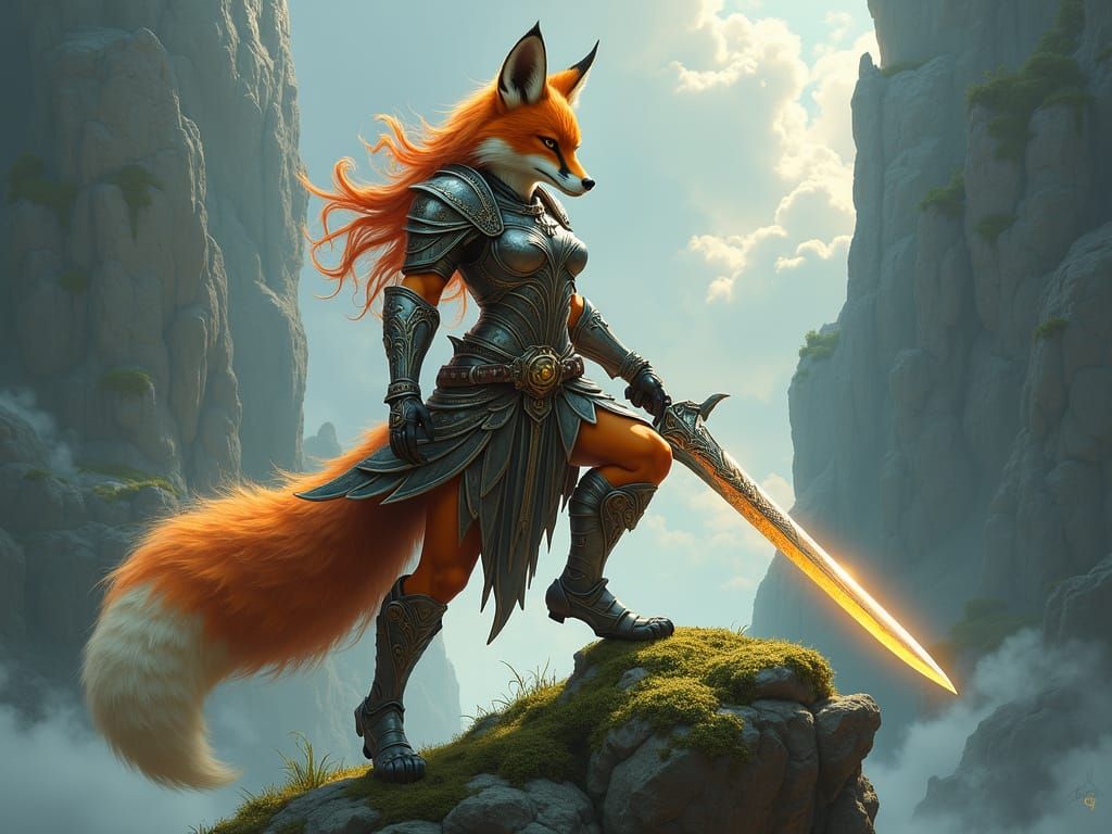 Fox Warrior with Glowing Sword in Fantasy Art Style