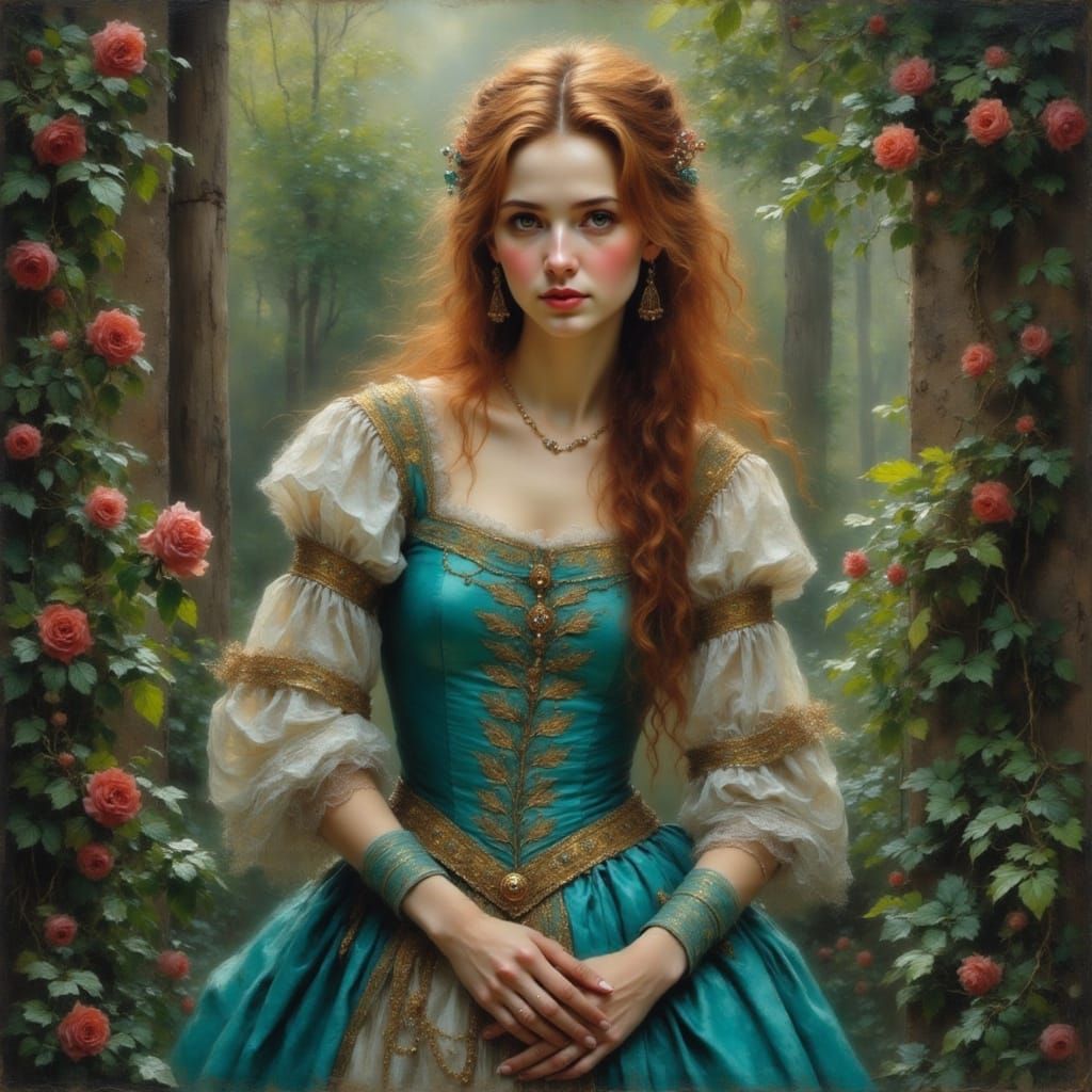 Beautiful Woman in Castle Garden, Rembrandt Style