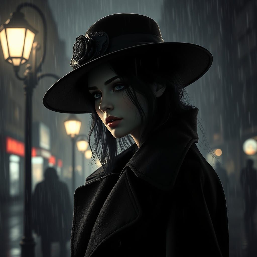 Woman in Dark Coat, Lit by Streetlamp, in Moody City Night