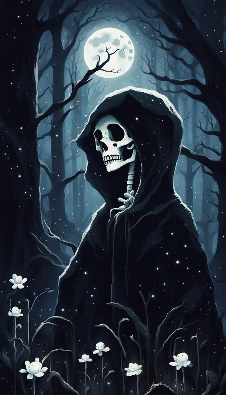 Cute Creepy Skeleton in Dark Forest, by Rutkowski