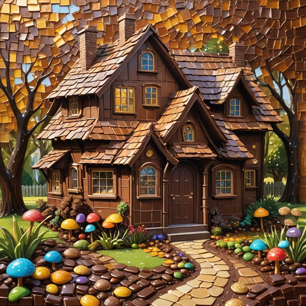 Chocolate House in Sunlit Garden: Whimsical Oil Painting