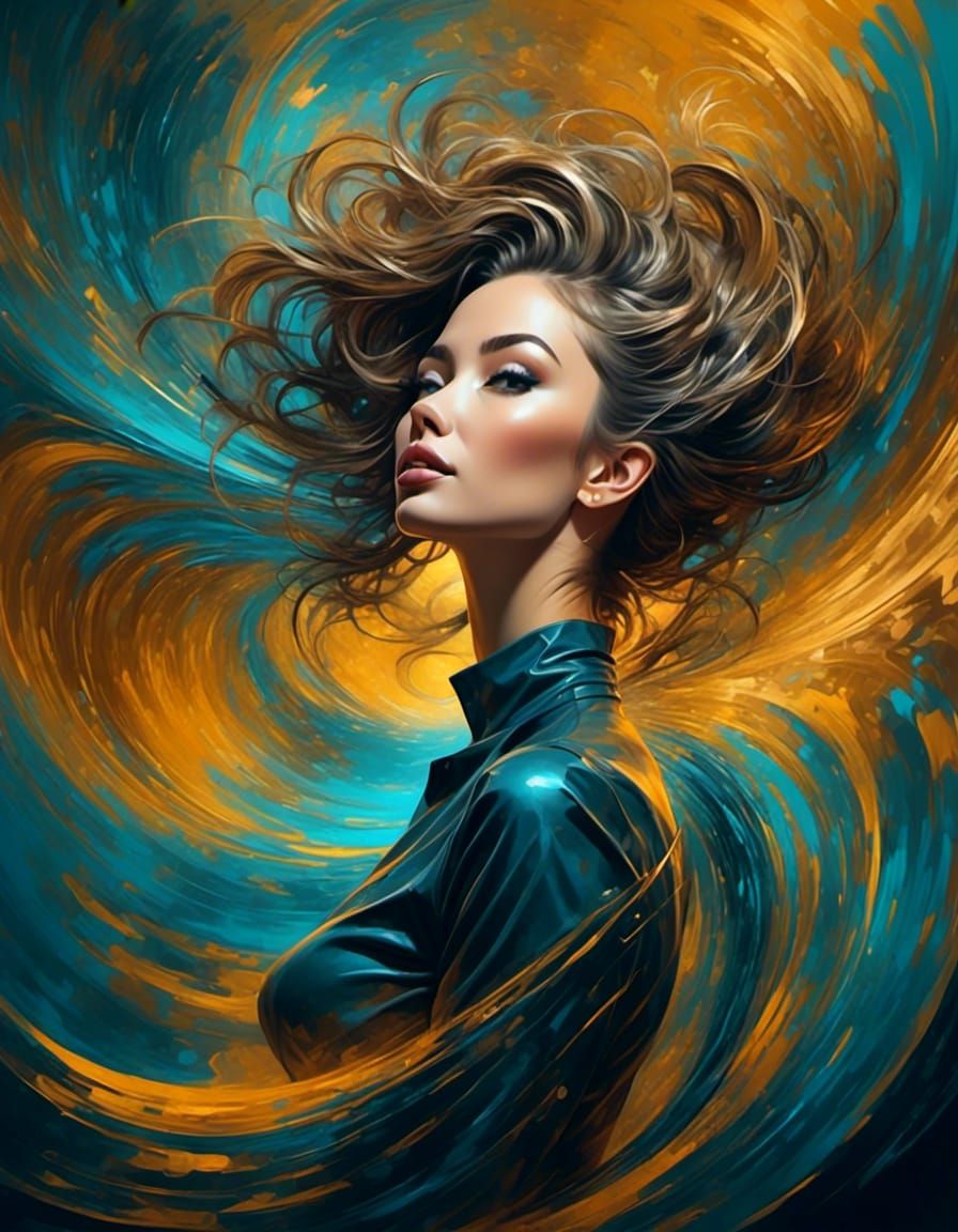 Psychedelic Cartoon Portrait with Golden Fractal Swirls