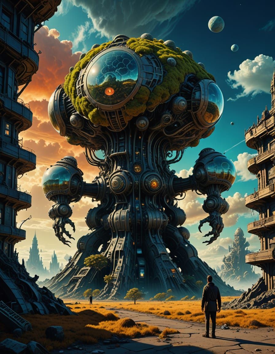 Biomechanical Creature and Colossal Alien Structure