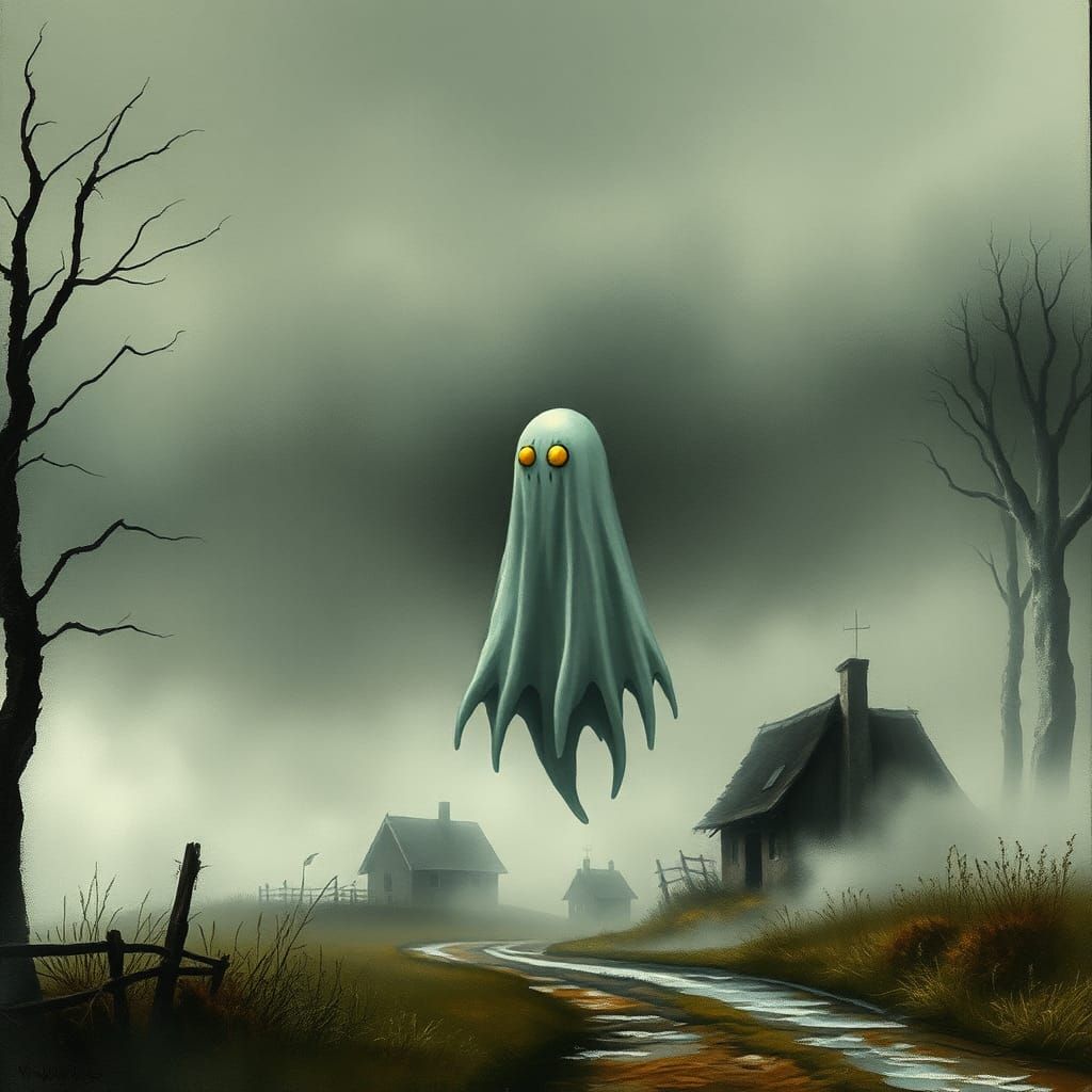 Cartoon Ghost in Fog, Miró Style