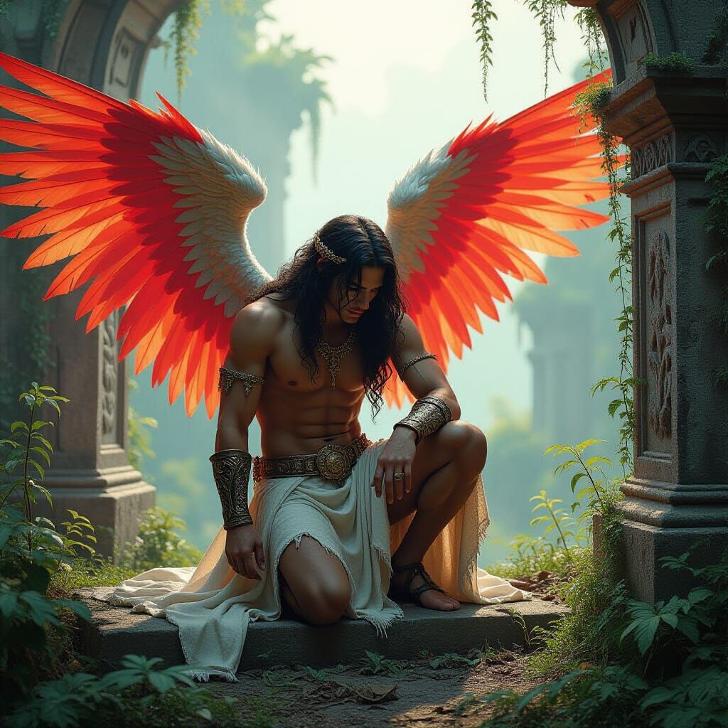 Fallen Angel with Flamboyant Wings on Ancient Tomb
