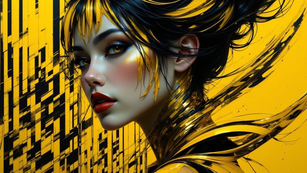 Dynamic Portrait with Yellow and Black Stripes