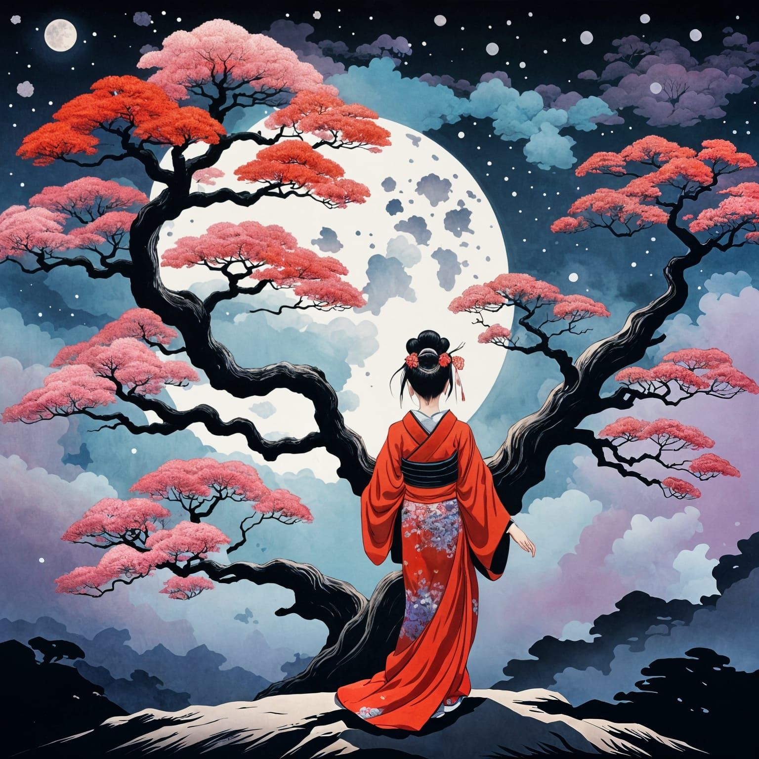 Geisha Under a Starry Sky: Ukiyo-e Illustration
