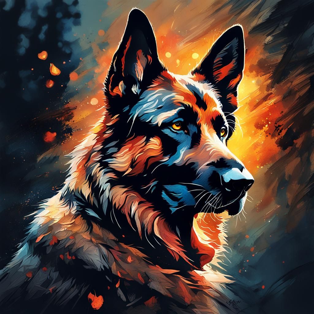 Fiery German Shepherd in Zentangle Style