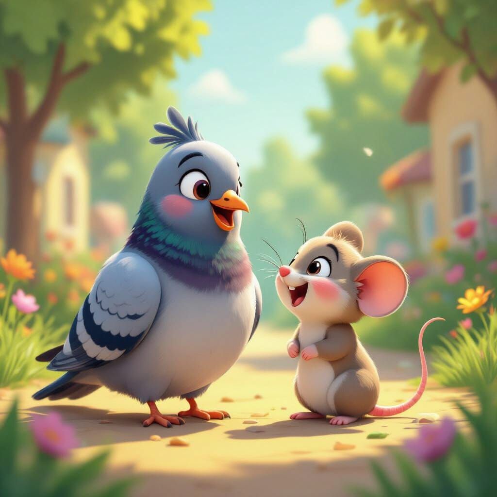 Playful Pigeon and Mouse Share Laughing Moment in 3D Cartoon...