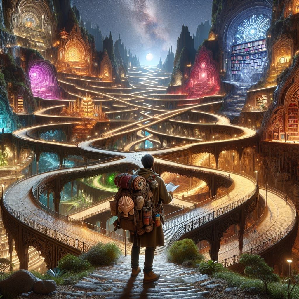 Pilgrim at Crossroads with Many Paths in 5K