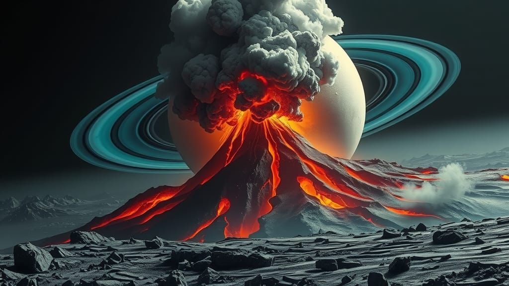 Volcanic Eruption on Janus with Saturn in Background
