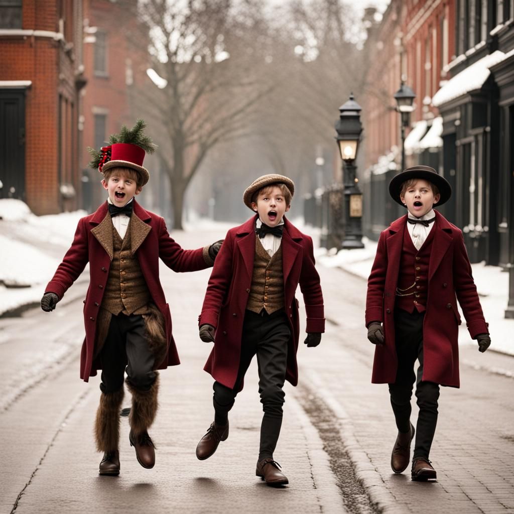 Victorian Boys Caroling on Christmas Street