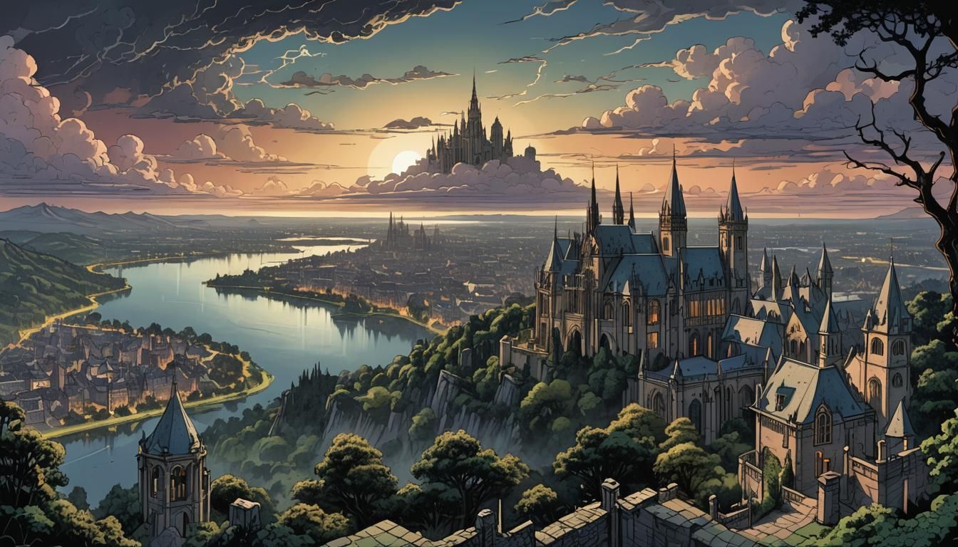 Gothic City View Digital Illustration in Retro D&D Style