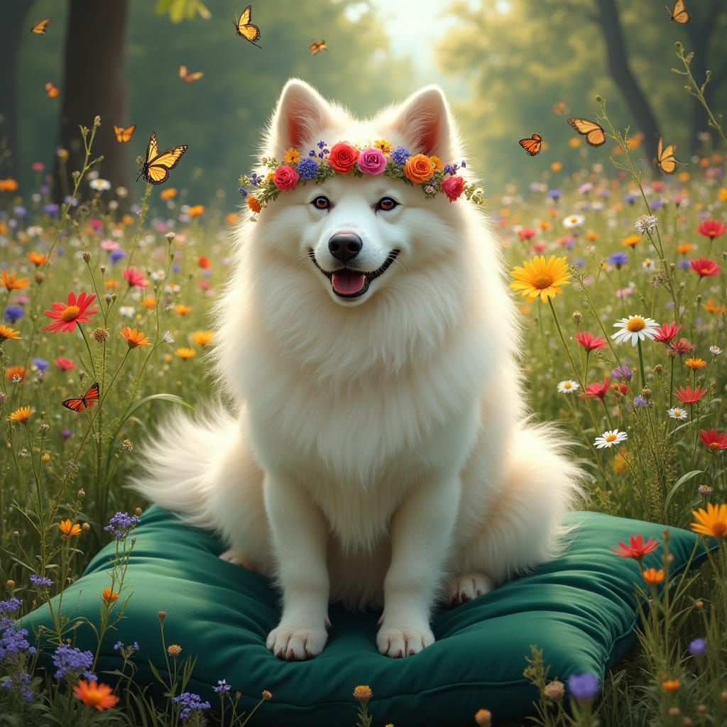 Samoyed Dog with Flower Crown in Meadow
