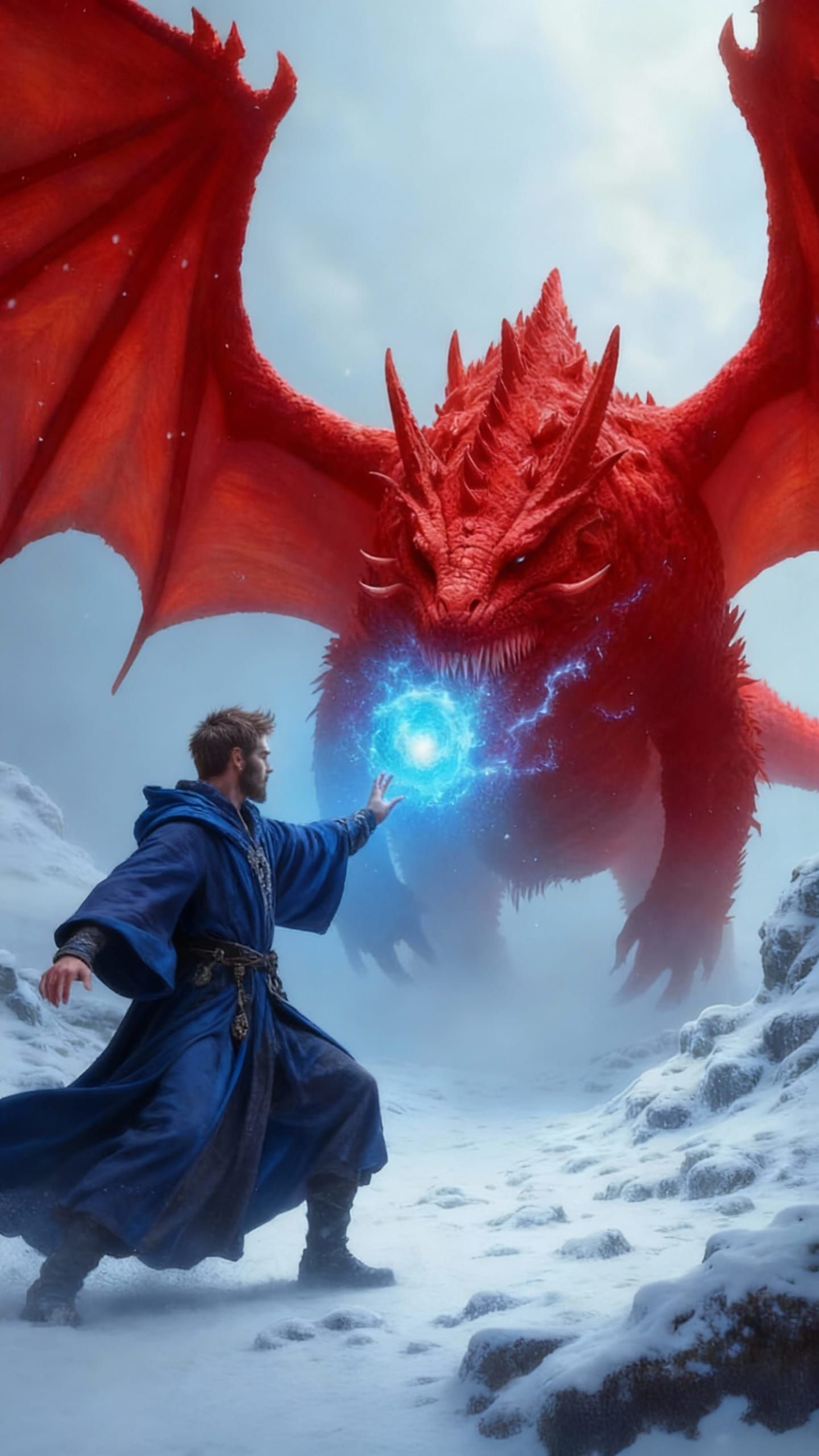 Wizard Casts Spell at Dragon in Snowy Landscape