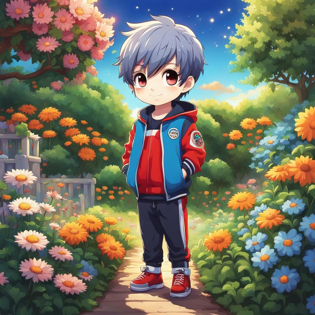 Cheerful Chibi Boy in Anime Garden at Dawn