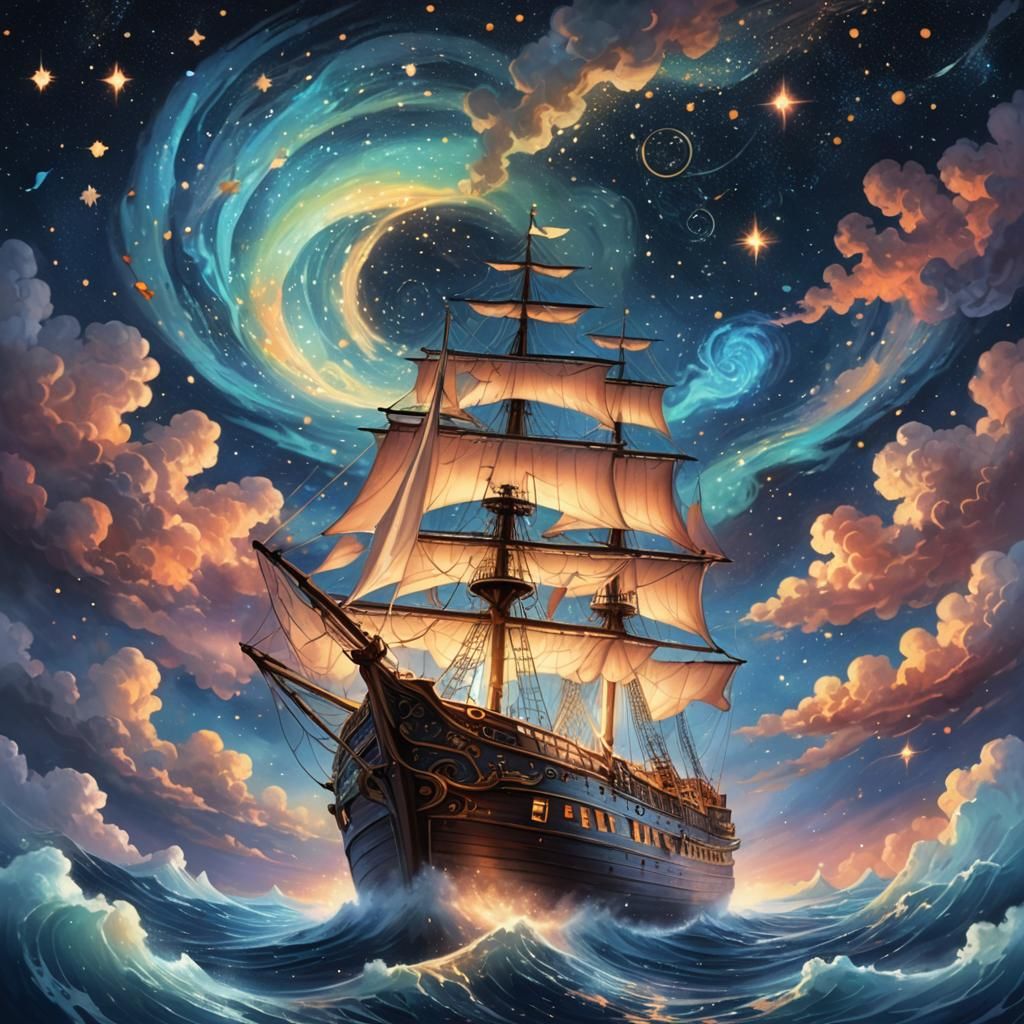 Lone Sailor Starship Concept Art in Night Sky