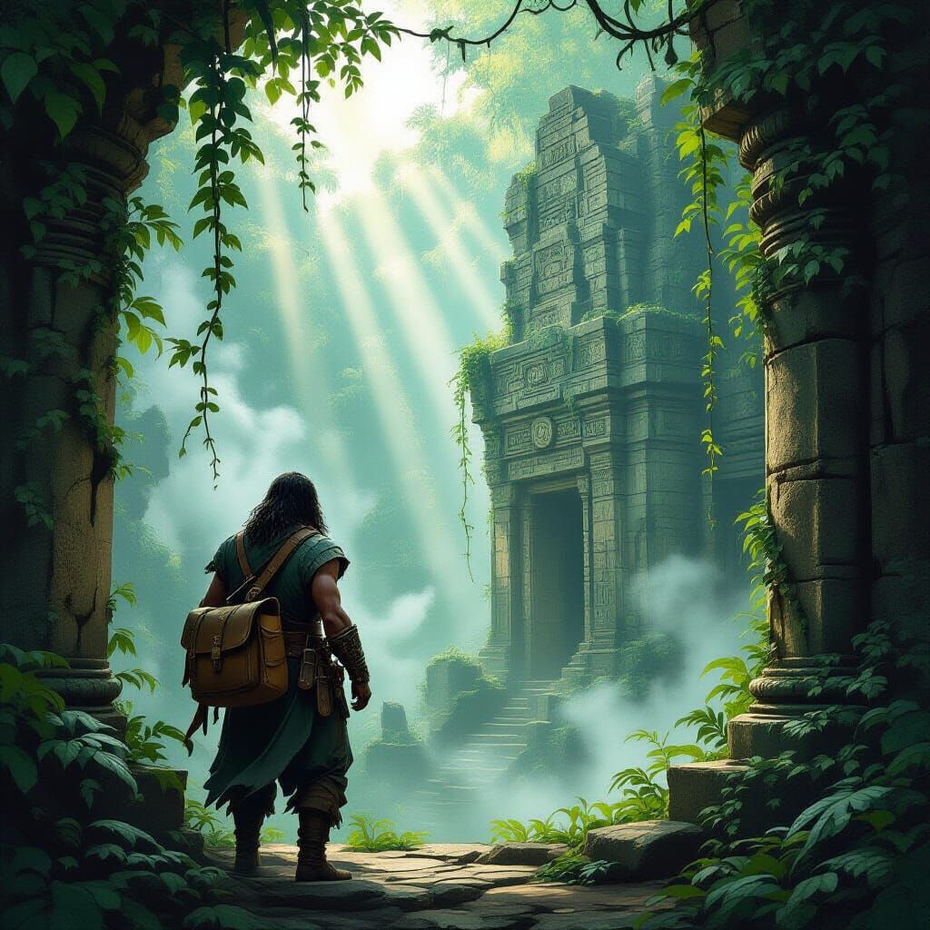 Explorer at Jungle Ruins in Vintage Illustration Style