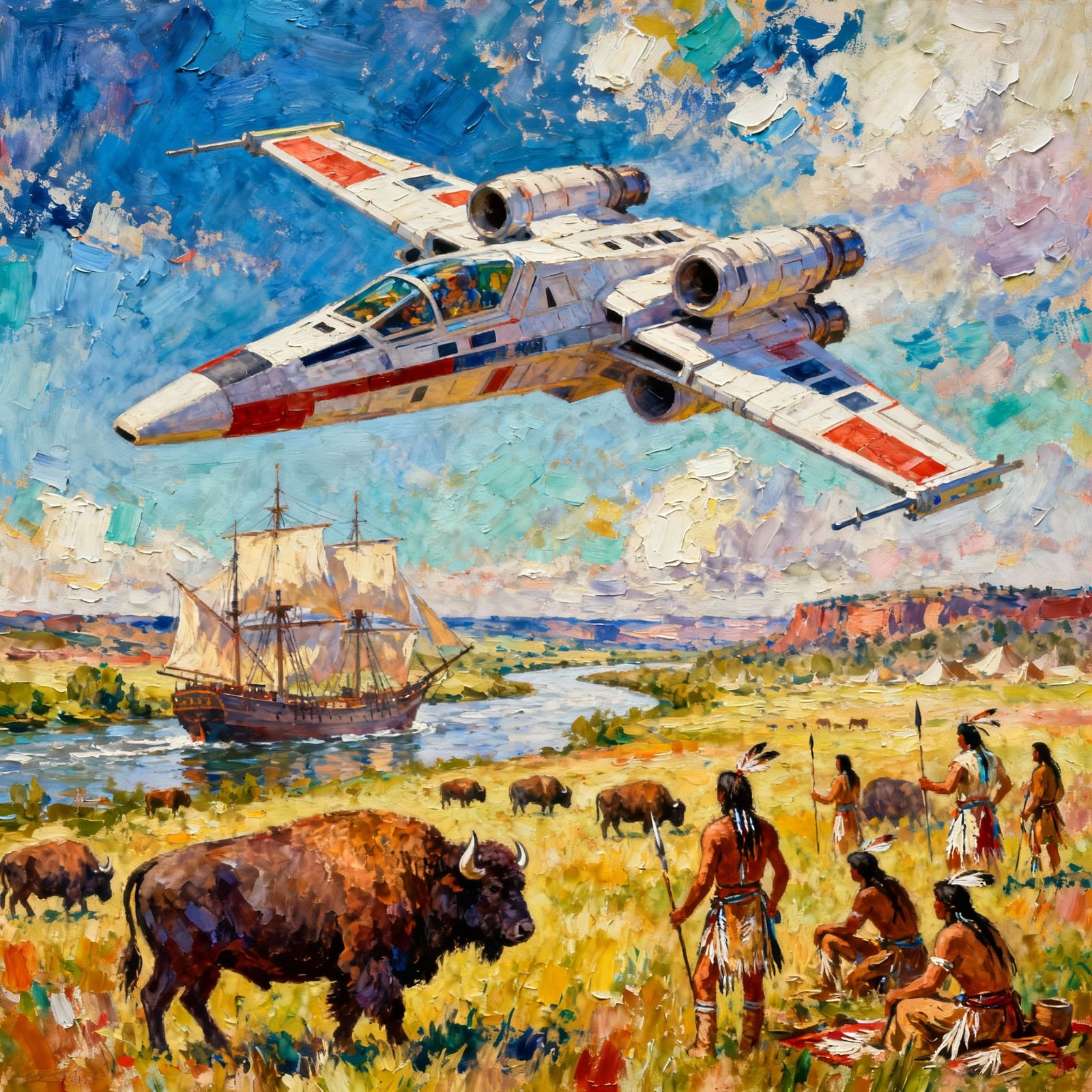 Starfighter Over Prairie With Buffalo and Lakota Hunters