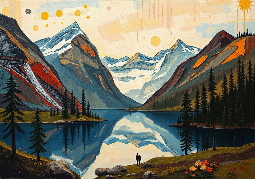 Abstract Mountain Lake Oil Painting in Naive Art Style