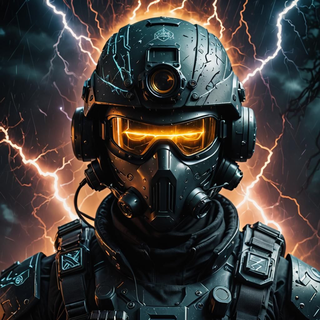 Futuristic Soldier Portrait with Glowing Runes