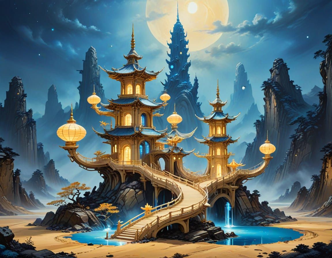 Futuristic Space Station in Chinese Ink Painting