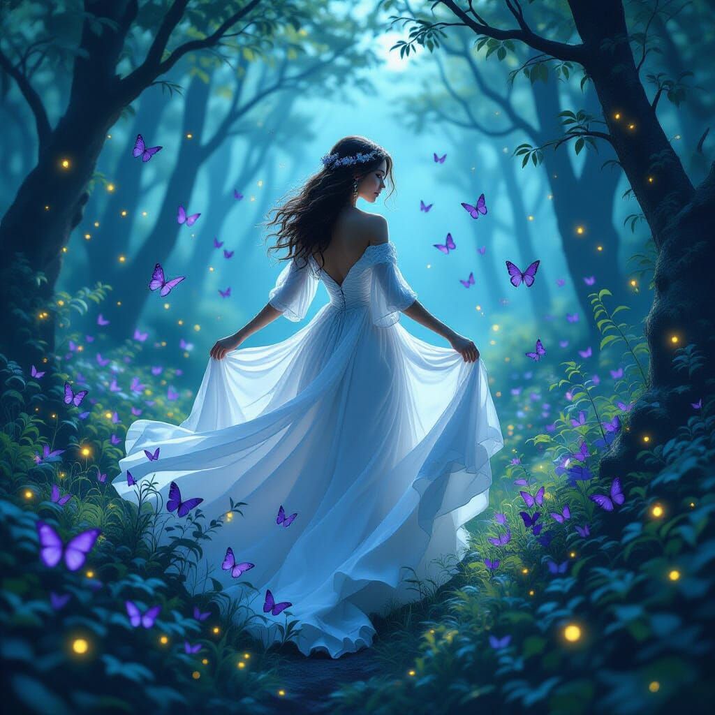 Mystical Forest Scene with Woman and Purple Butterflies