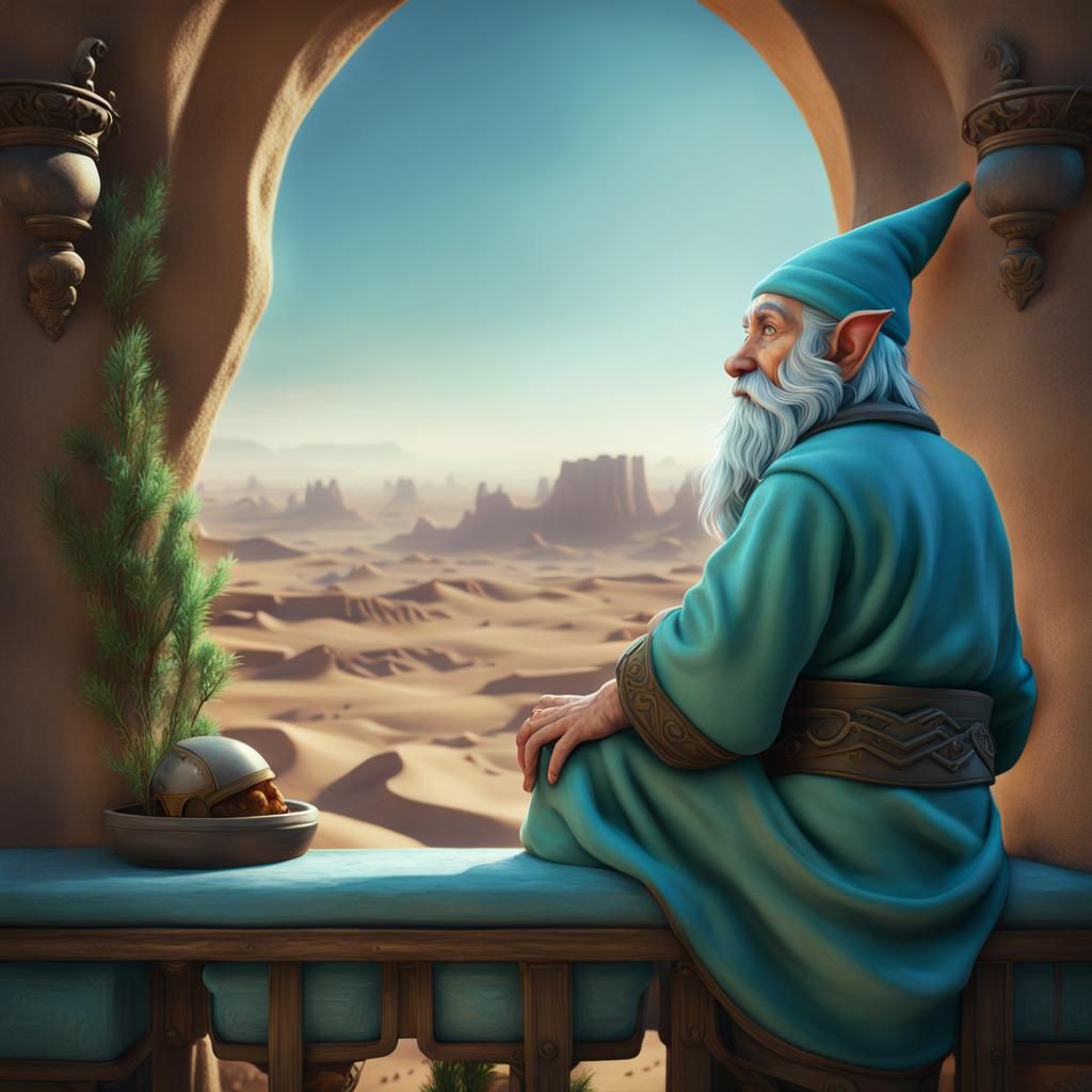 Gnome Overlooking Desert Balcony in Detailed Matte Painting