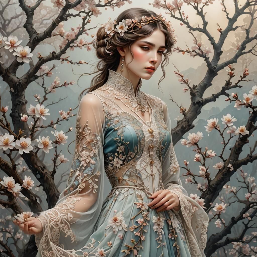 Girl in Almond Blossom Dreamscape, Art Nouveau Style