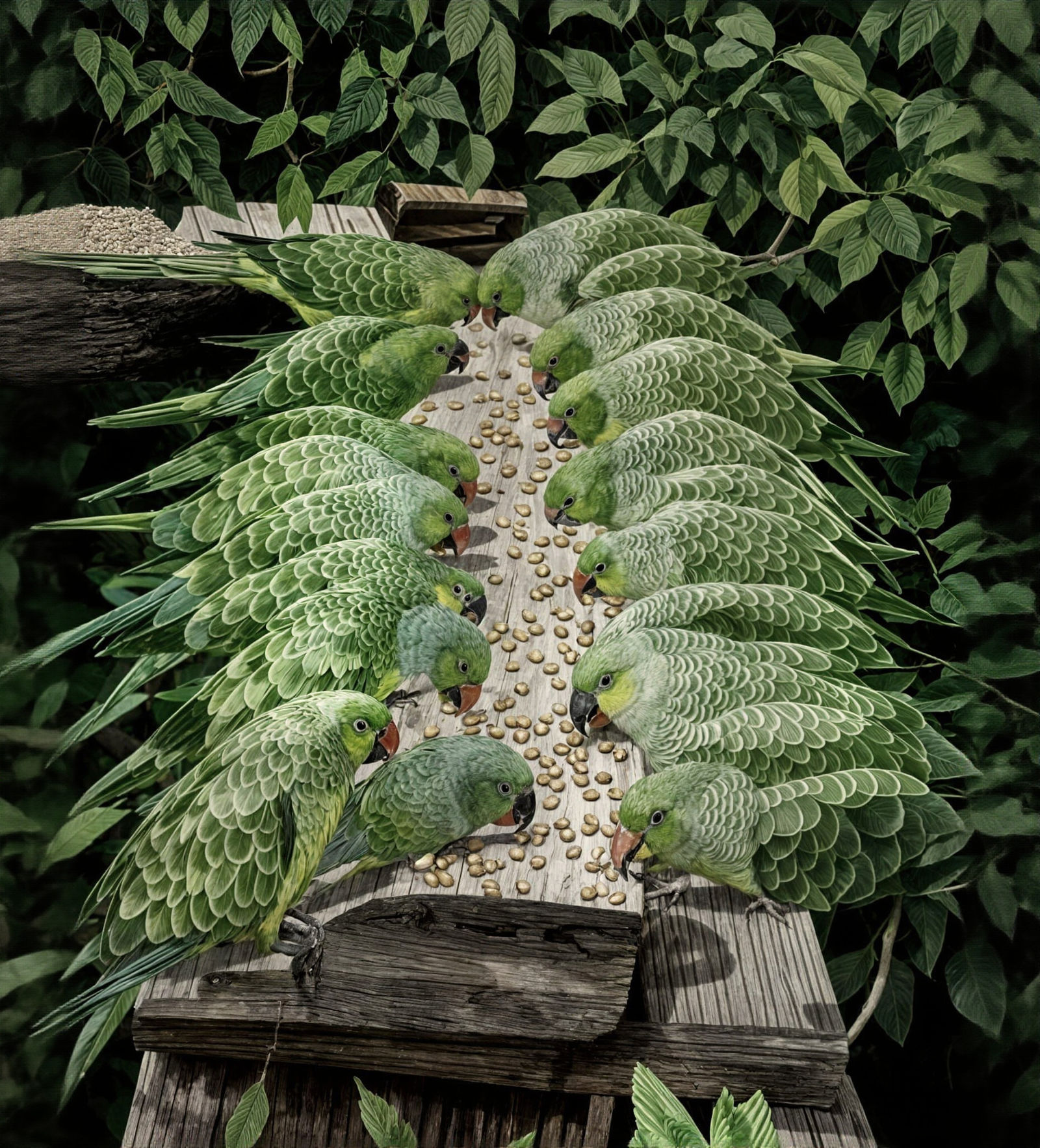 Green Parrots Pecking at Birdseed