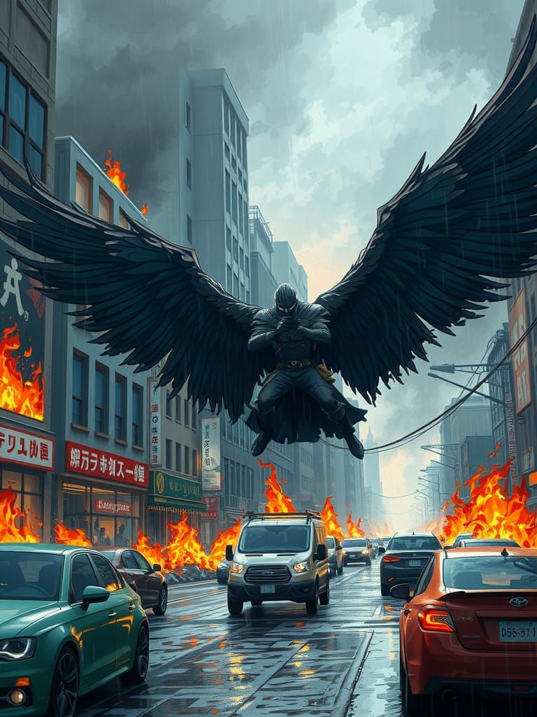 Angel of Death Lands in Burning City Street