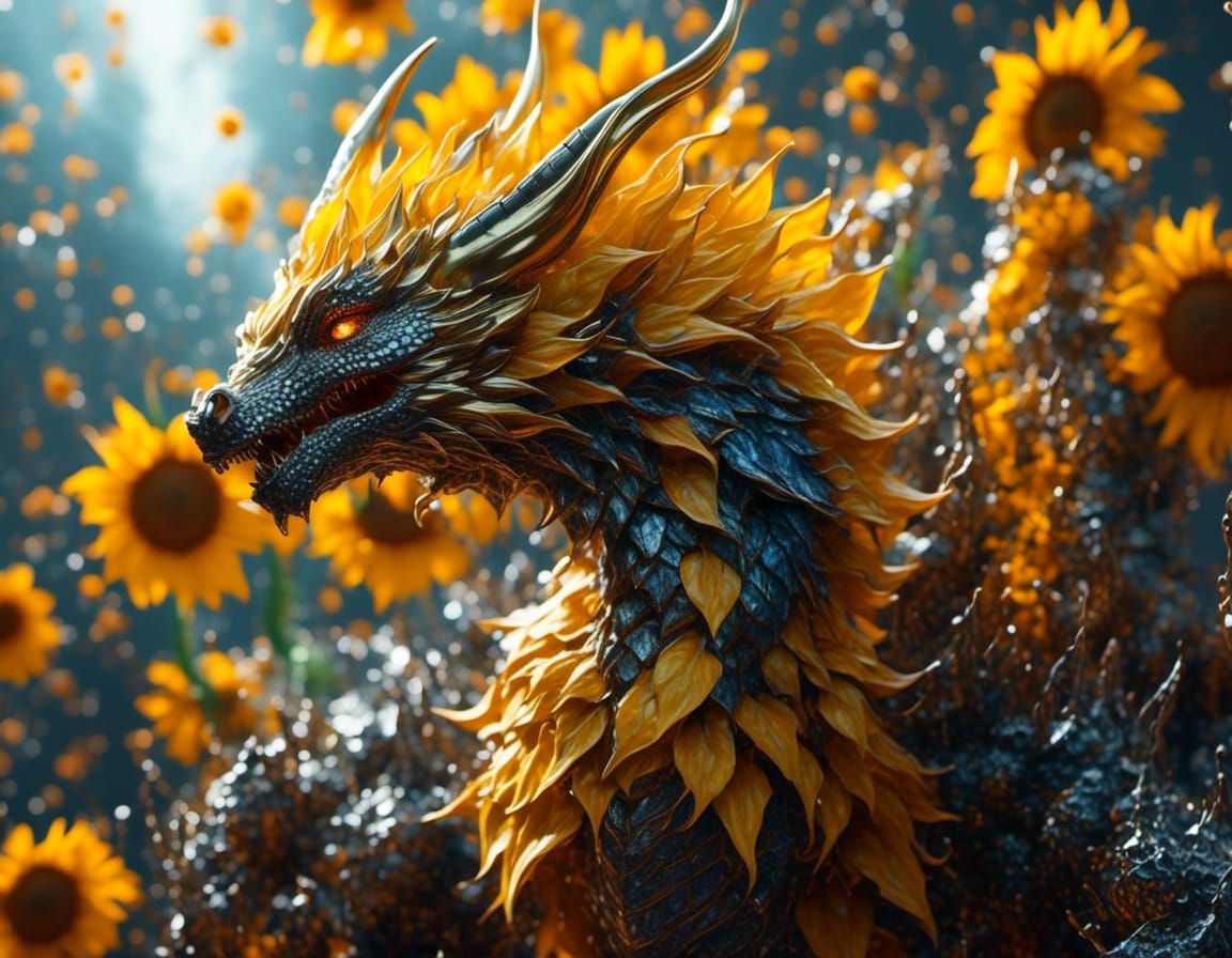 Sunflower Dragon Spitting Seeds: Hyperdetailed Splash Art