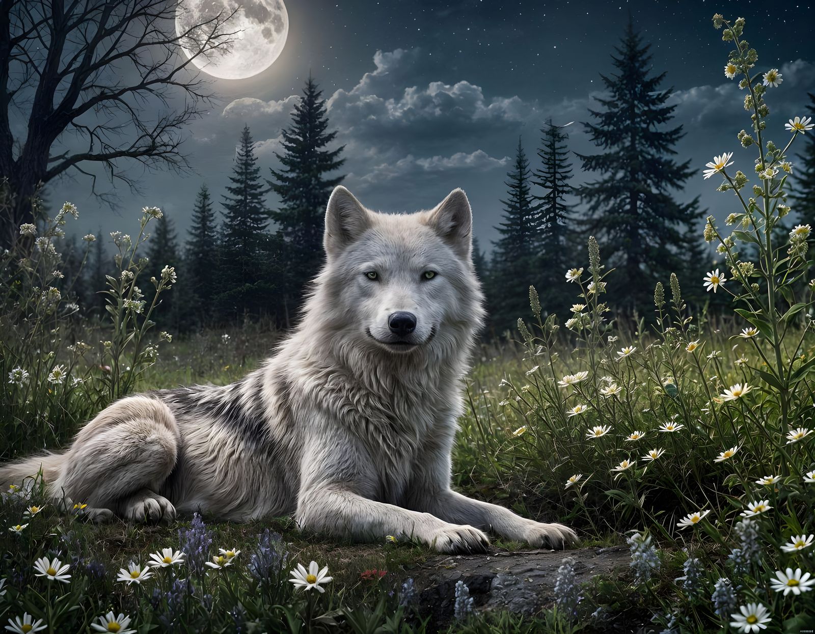 Scarred White Wolf in Wildflower Field Under Moonlight