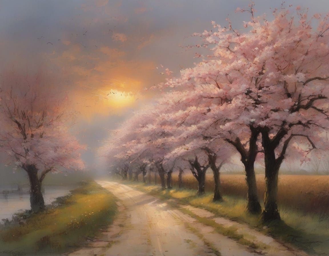 Surreal Cherry Blossom Avenue Unfolds at Dusk