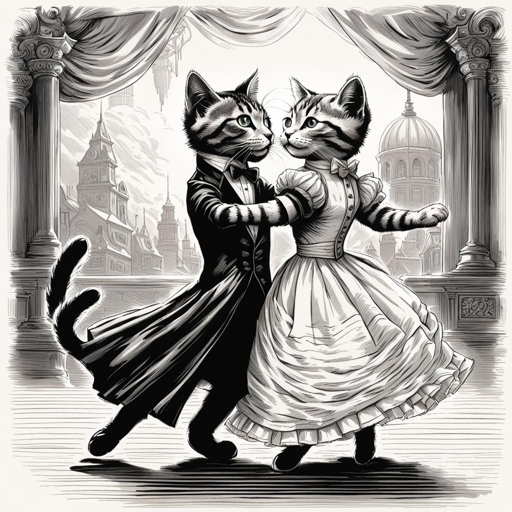 Kittens in Evening Dress Waltzing, Black and White Drawing