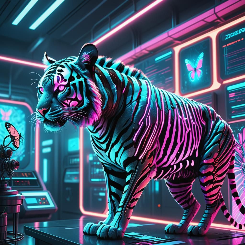 Tiger-Zebra Alien Specimen in Sci-Fi Lab: Surreal Art