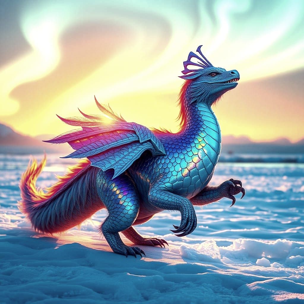 Polar Peacock Dragon in Photorealistic Sunrise Scene