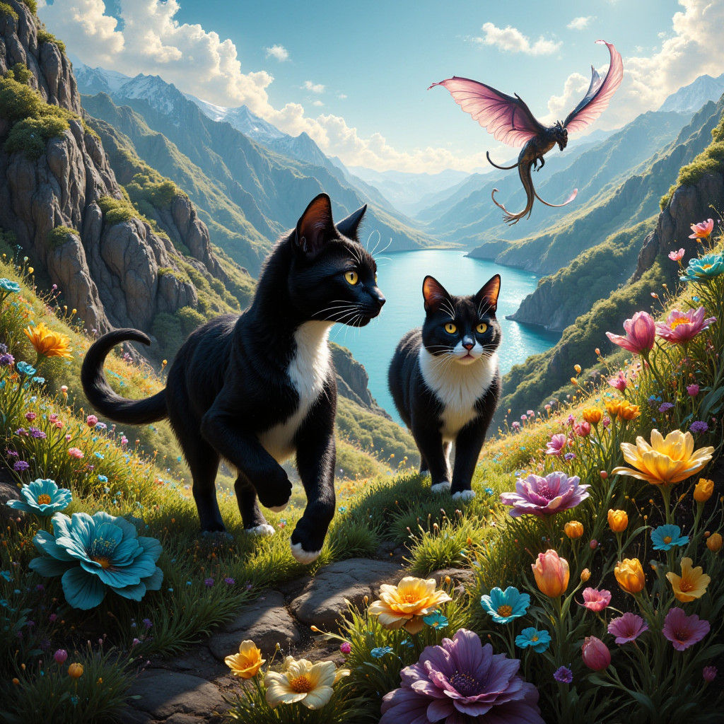 Cats on a Spring Hillside with Dragons, Matte Painting
