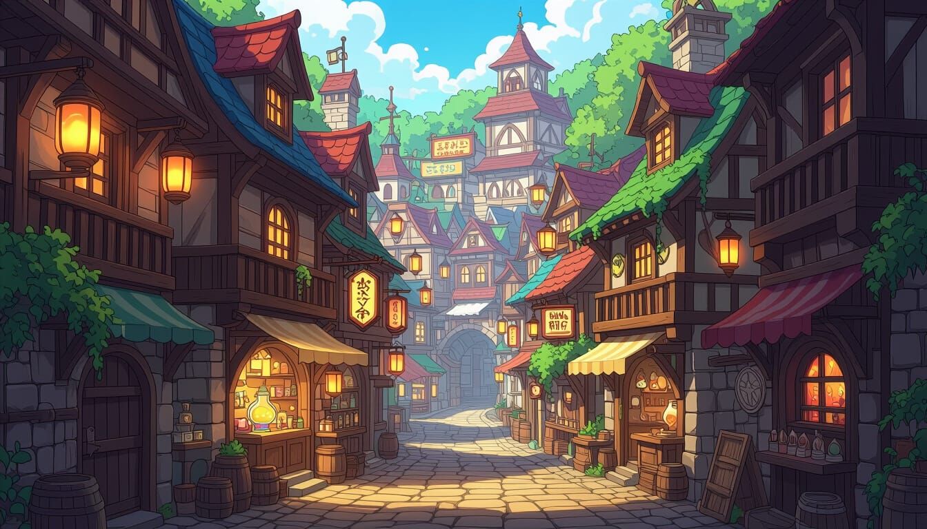 Vibrant Anime Town in Whimsical RPG Style