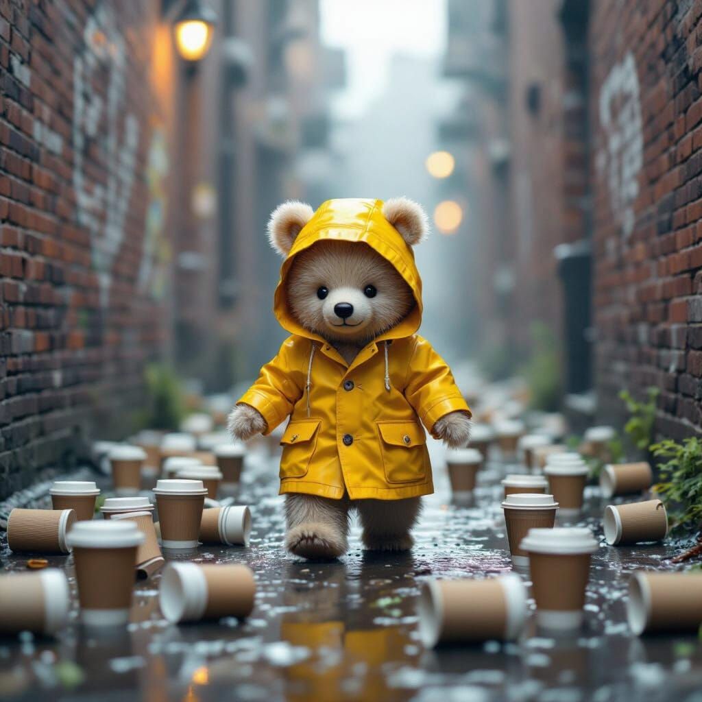 Miniature Bear Lost in a Sea of Coffee Cups