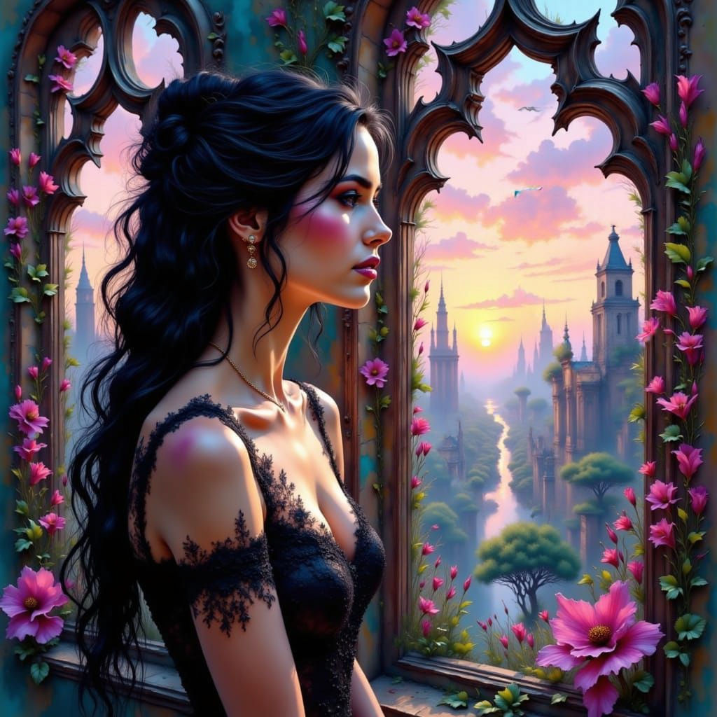 Beautiful Woman Contemplates Alien Landscape in Hyperrealist...