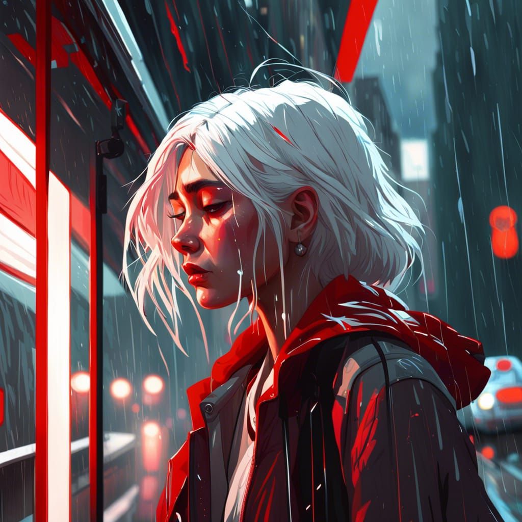 Crying Girl at Bus Stop in Hyperdetailed CGI Style