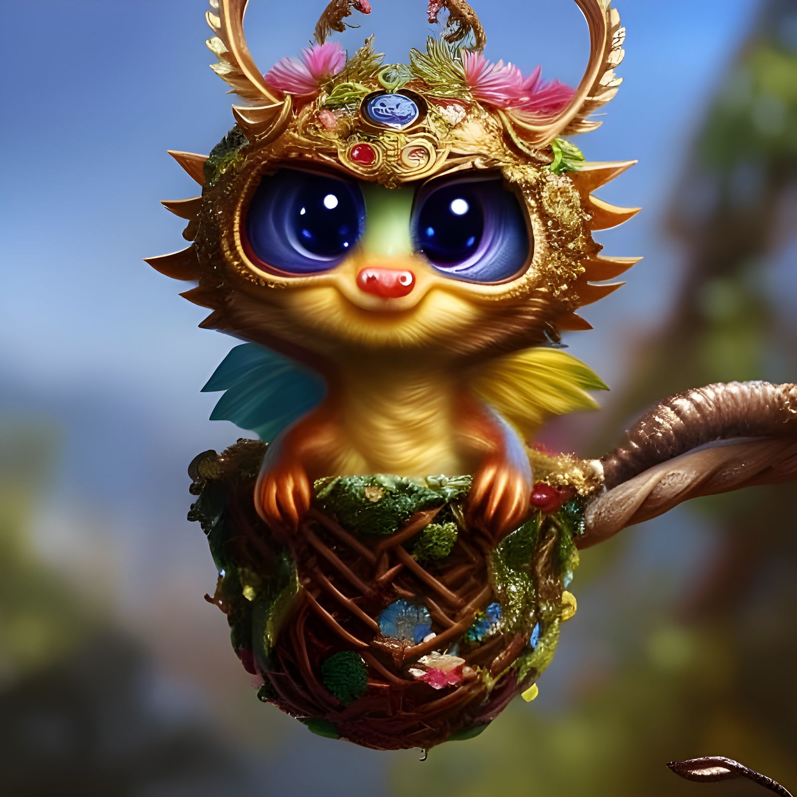 Sapphire Dragon in Teacup: Detailed Digital Art