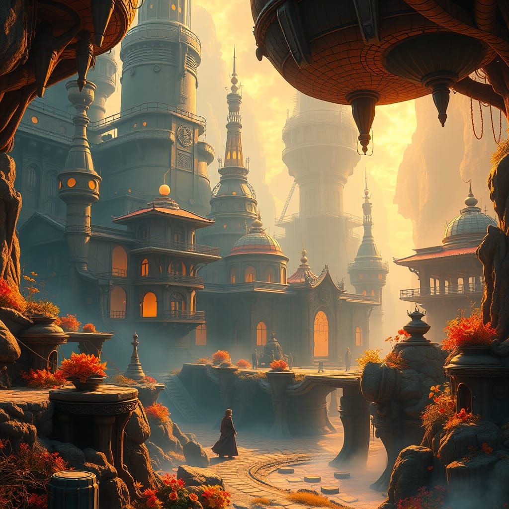 Dreamlike Cityscape in Warm Golden Light