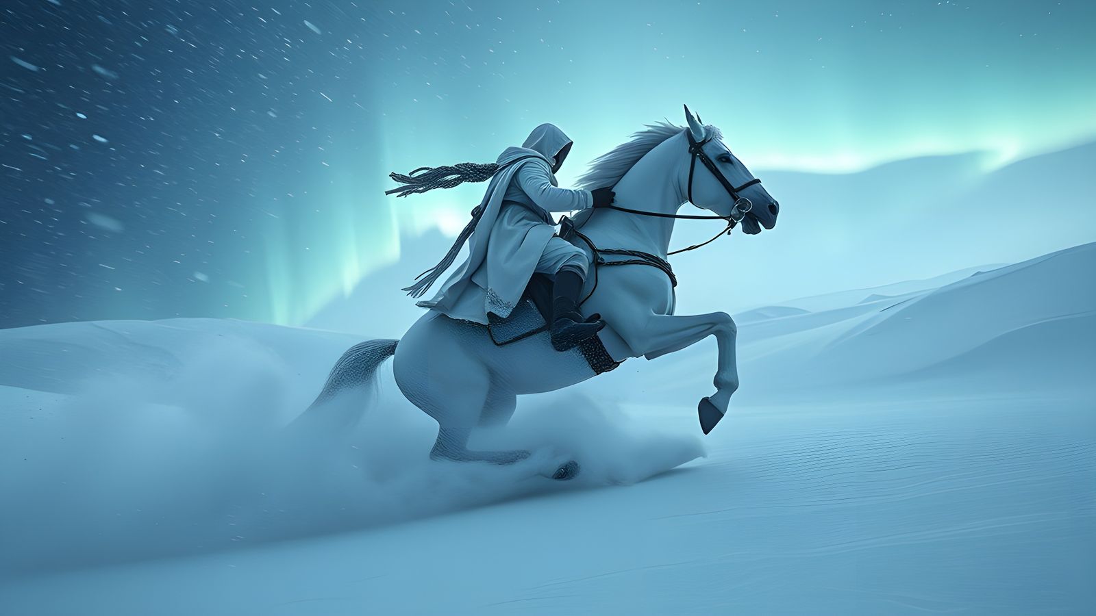 Assassin on Glowing Horse in Snowy Landscape